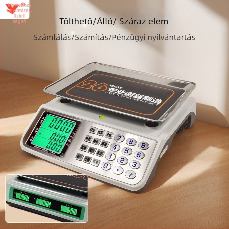 Yongzhou 768 Pontos elektronikus árazó mérleg kereskedelmi használatra, mérési tartomány 1 g–30 kg, elektronikus mérés, táplálás akkumulátorral vagy hálózatról