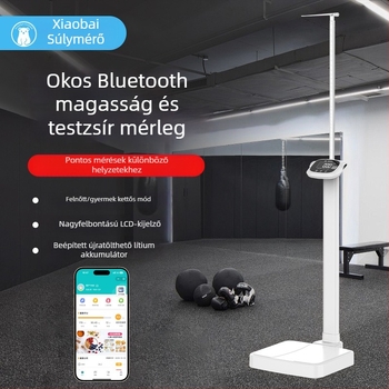 Ultrahangos magasság-tömeg mérleg hangos bejelentéssel, méri a magasságot, testsúlyt és testzsírt, magassági tartomány 90–200 cm, max terhelés 203 kg, USB táplálás, kínai és angol nyelvű hangos bejelentés (be/ki)
