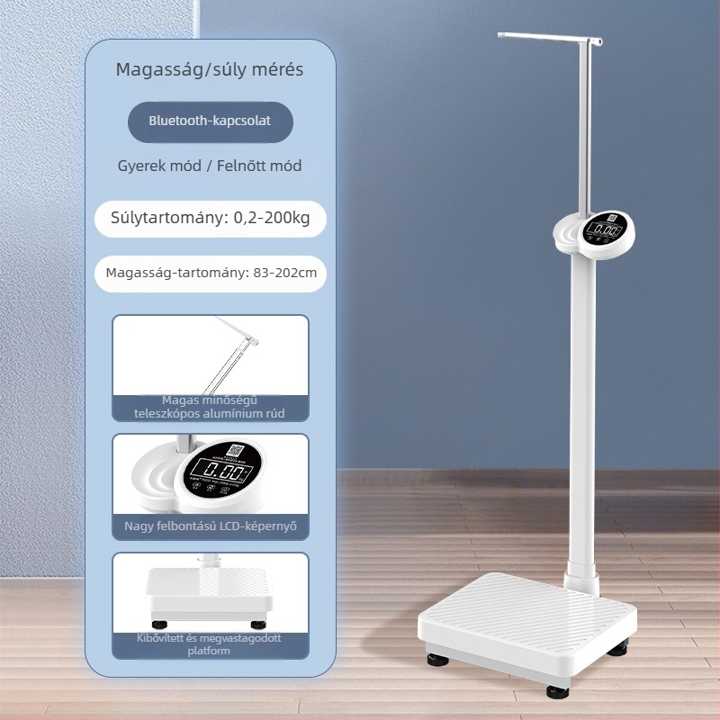 Ultrahangos magasság-tömeg mérleg hangos bejelentéssel, méri a magasságot, testsúlyt és testzsírt, magassági tartomány 90–200 cm, max terhelés 203 kg, USB táplálás, kínai és angol nyelvű hangos bejelentés (be/ki)
