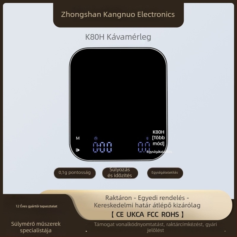K80H kávés mérleg, mérési tartomány 0,3–3000 g, elektronikus mérés, 3,7 V-os akkumulátor, automatikus időzítés
