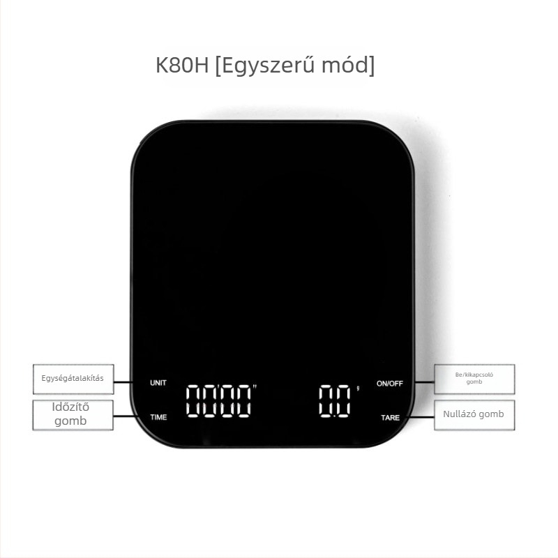 K80H kávés mérleg, mérési tartomány 0,3–3000 g, elektronikus mérés, 3,7 V-os akkumulátor, automatikus időzítés