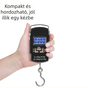 LB-A08 hordozható elektronikus csomagtömeg-mérő, grammos precizitással; 50 kg kapacitás; elektronikus mérés; 2x AAA elem.
