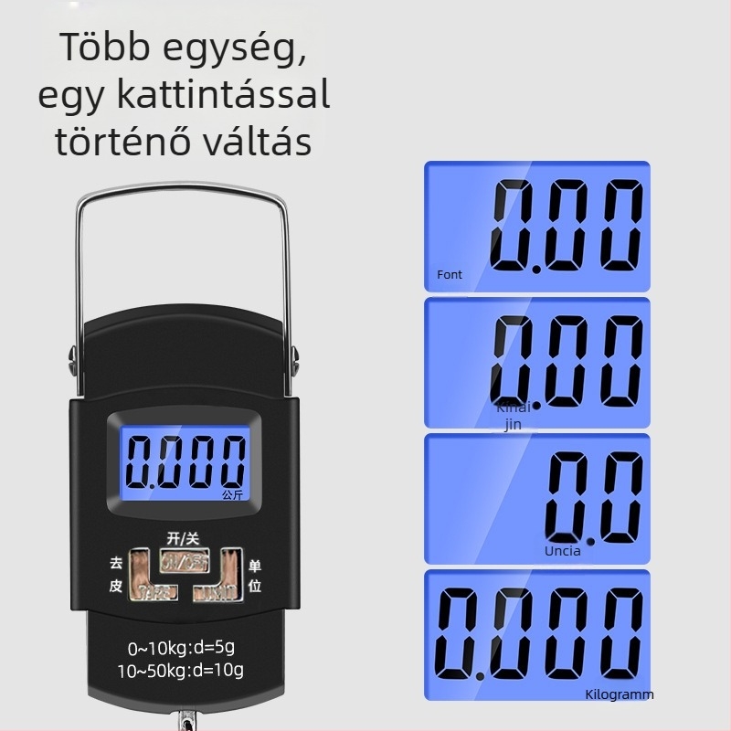 LB-A08 hordozható elektronikus csomagtömeg-mérő, grammos precizitással; 50 kg kapacitás; elektronikus mérés; 2x AAA elem.