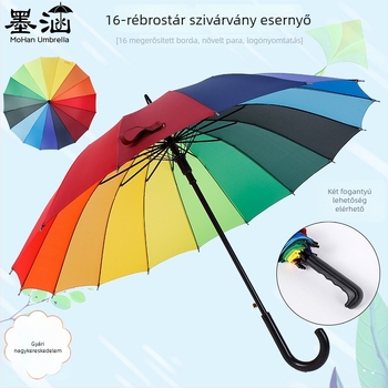 16 ágú megerősített szivárványesernyő hosszú nyéllel, acél bordák, gumírozott fogantyú, vászon 190t, logónyomtatás, testreszabható üzleti ajándék