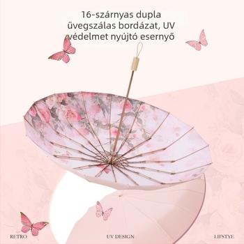 16 bordás esernyő, UPF50+ UV védelem, manuális nyitás-zárás, poliészter szövet, vas bordák