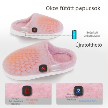 Elektromos fűtésű papucs USB töltéssel, két sebességű hőmérsékletszabályozás, plüss felsőrész, EVA talp, csúszásmentes, otthoni használatra