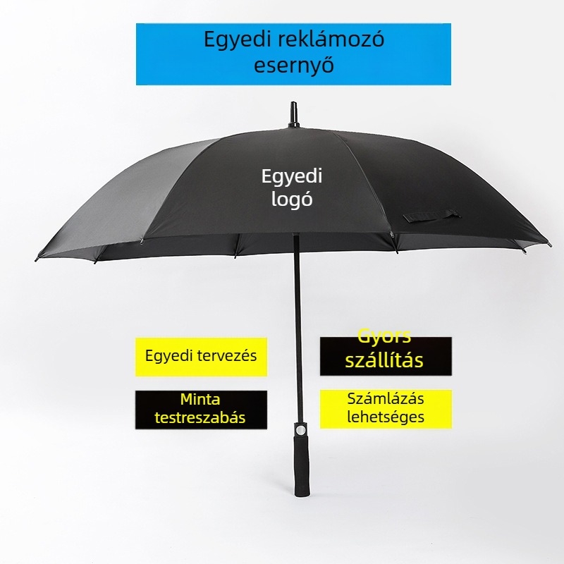 Reklám esernyő, automatikus nyitás, egyenes rostos váz 8 bordával, hosszú nyél, logó nyomtatás