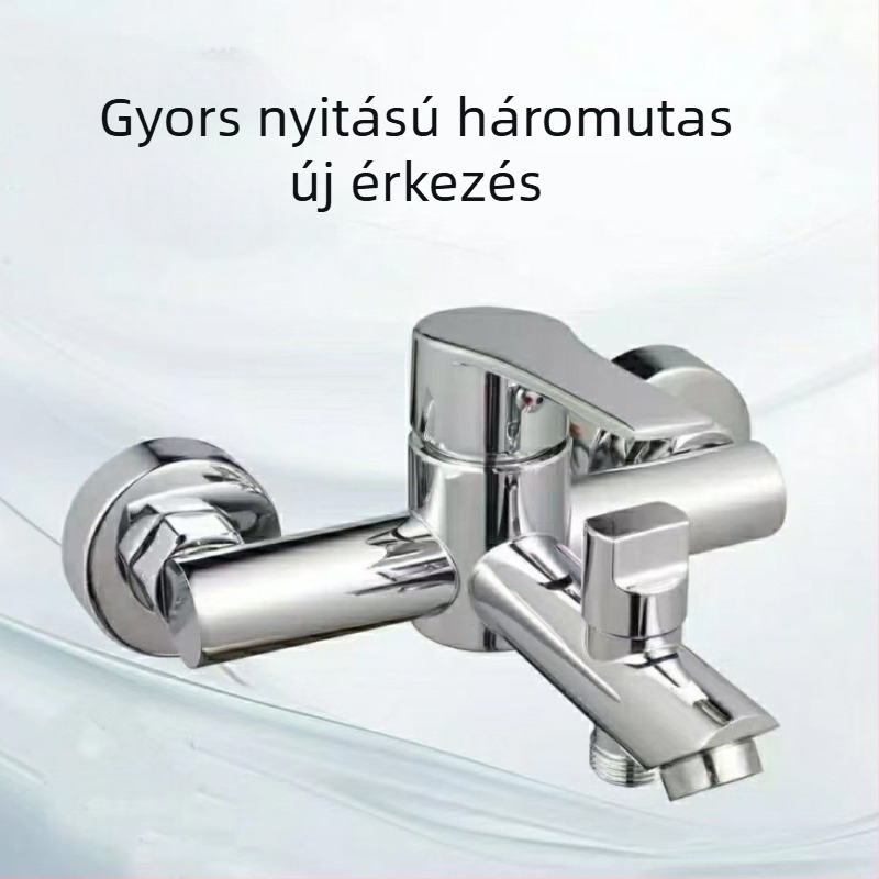 Rozsdamentes acélból készült háromszelepes fürdőcsaptelep és zuhanykészlet, rejtett szerelés, modell 9105, üzemi nyomás 0,8 MPa, meleg víz 90°C, hideg víz 1°C