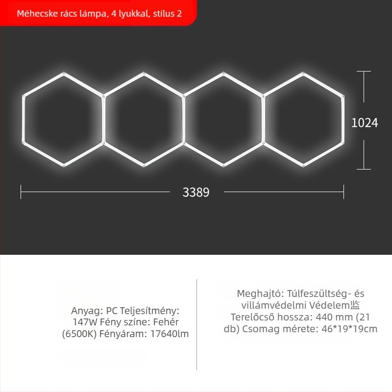 Autómosó LED lámpa méhsejt szerkezetű, 220V, 6W/20W, vízálló, 155 lm/W