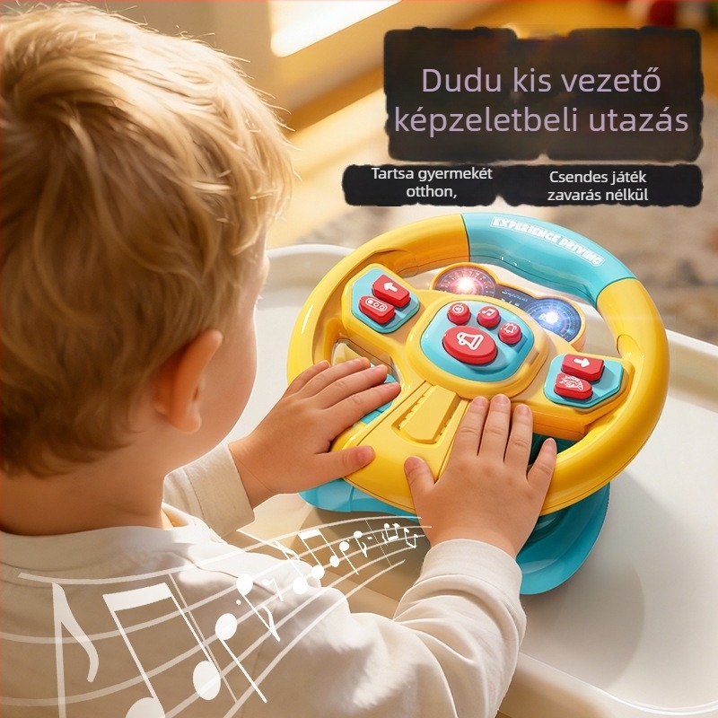 Gyermekeknek szóló kormánykerék-játék, elektromos, zenével és fényekkel, műanyag/gumi, 4–6 éveseknek, elemes működés