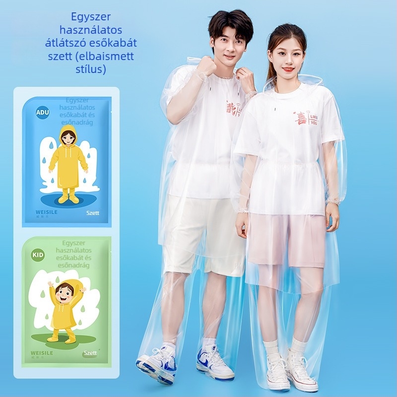 Egyszer használatos PVC esőponcsó felnőttek és gyerekek számára, könnyű, egy személyre szóló, zacskóba csomagolva