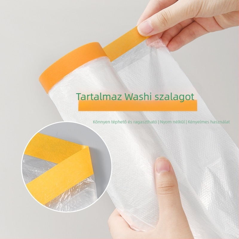 Festékvédő fólia papír alapú PE filmmel maszkoláshoz és porvédelmi célokra (Vastagság: 0.6–0.7 mm; Anyag: PE + japán papír; Ragasztó rendszer: papír alapú; Alkalmazás: autók, hajók, vonatok, kabinok, bútorok)