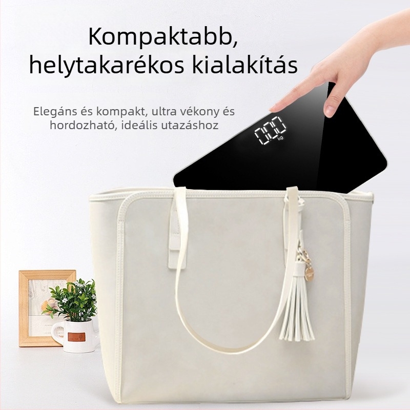 Tükörfelületű elektronikus mérleg, hordozható, 180 kg teherbírás, AA elem/USB töltés