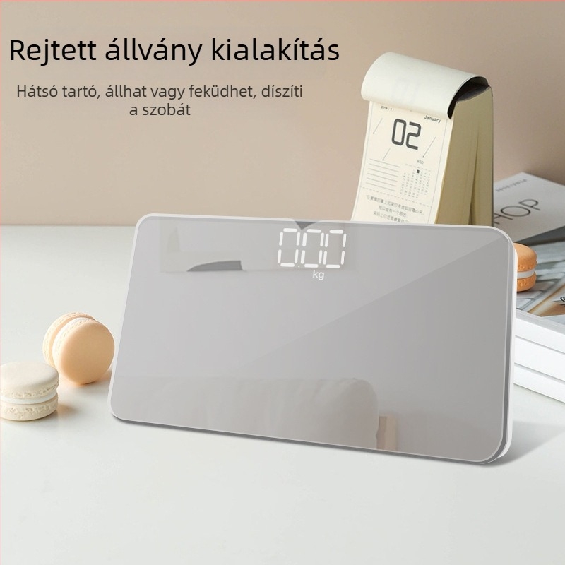 Tükörfelületű elektronikus mérleg, hordozható, 180 kg teherbírás, AA elem/USB töltés