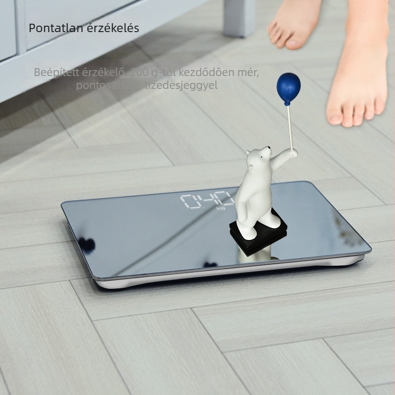 Tükörfelületű elektronikus mérleg, hordozható, 180 kg teherbírás, AA elem/USB töltés