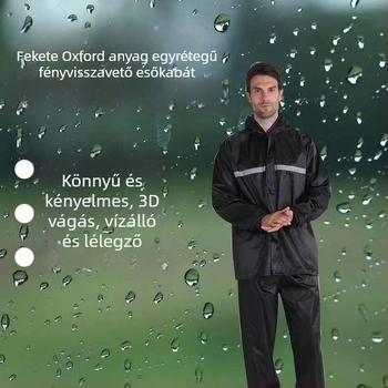 Fényvisszaverő split esőkabát és esőnadrág készlet Oxford anyagból, logónyomtatás elérhető, PVC vízálló réteg, felnőtt túrázó poncsó