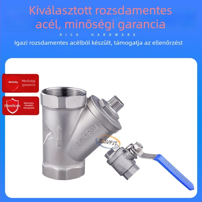 Rozsdamentes acélból készült Y-típusú szűrő-ventil, szétszerelés nélkül, belső és külső menettel, nem korrózív gázokhoz