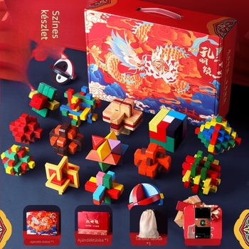 Fából készült Kongming–Luban záras puzzle készlet fiúknak – korai oktatásra szánt logikai fejtörő, DIY logó testreszabás, 7–14 éveseknek