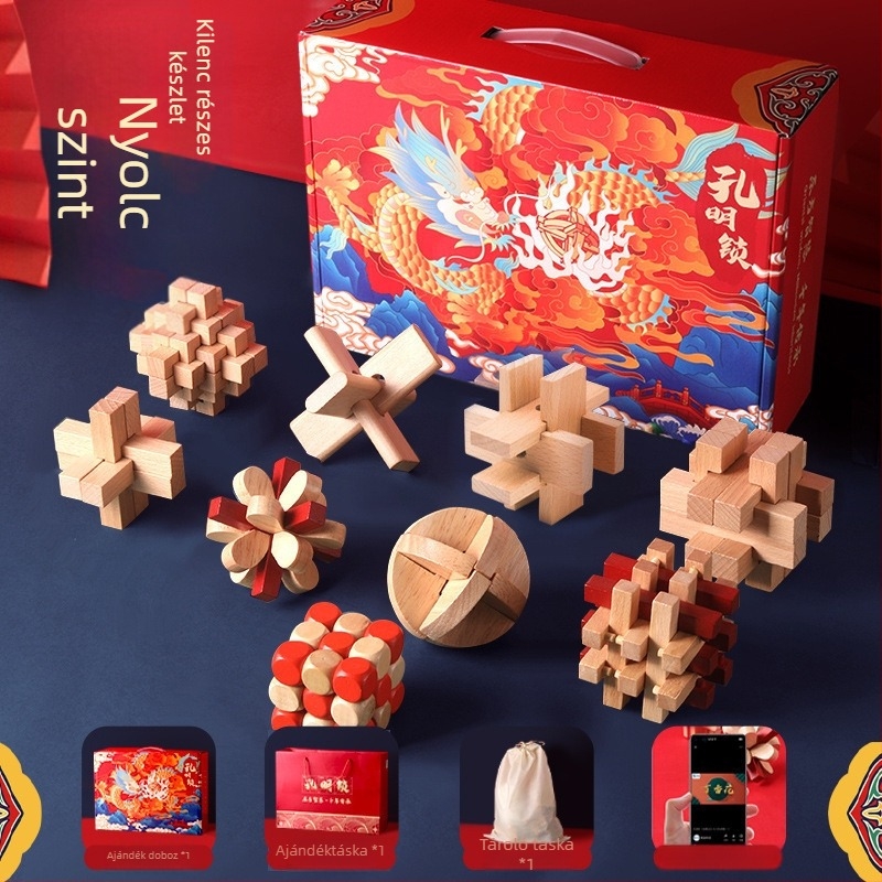 Fából készült Kongming–Luban záras puzzle készlet fiúknak – korai oktatásra szánt logikai fejtörő, DIY logó testreszabás, 7–14 éveseknek