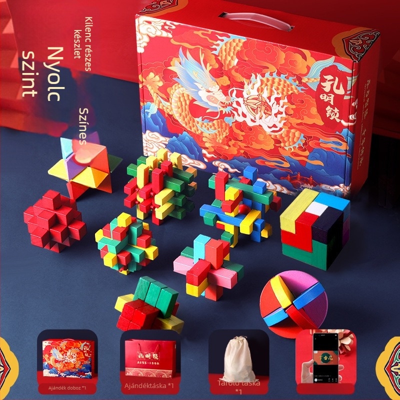 Fából készült Kongming–Luban záras puzzle készlet fiúknak – korai oktatásra szánt logikai fejtörő, DIY logó testreszabás, 7–14 éveseknek