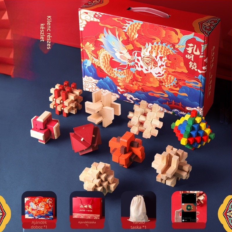 Fából készült Kongming–Luban záras puzzle készlet fiúknak – korai oktatásra szánt logikai fejtörő, DIY logó testreszabás, 7–14 éveseknek