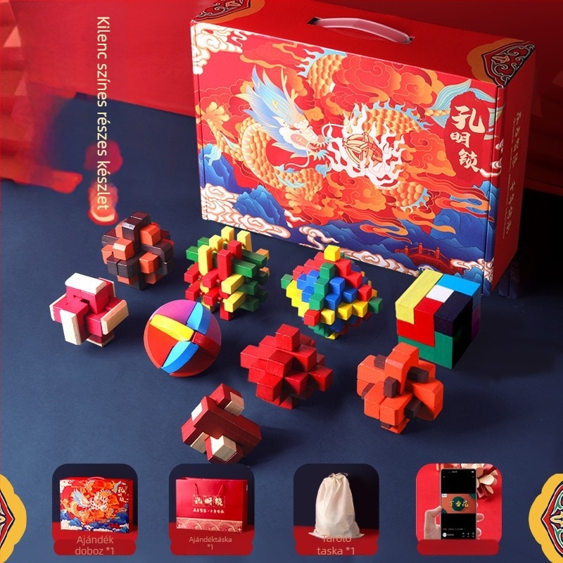 Fából készült Kongming–Luban záras puzzle készlet fiúknak – korai oktatásra szánt logikai fejtörő, DIY logó testreszabás, 7–14 éveseknek
