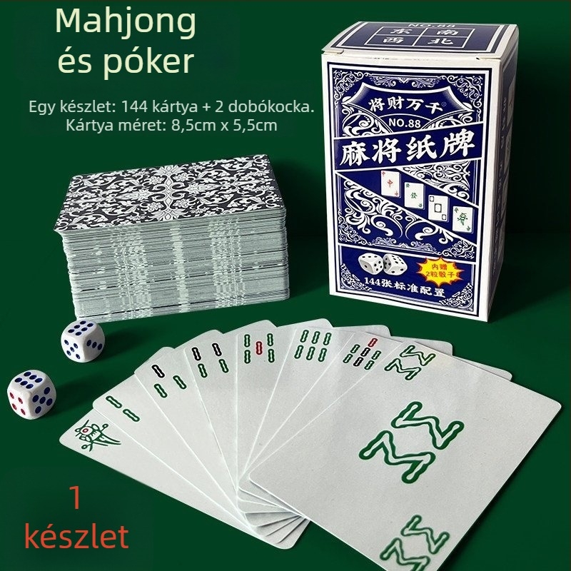 Mahjong és póker kártya készlet, vastított kártyák, 144 kártya, hordozható utazó készlet, 108 Mahjong lap, hajlítás elleni kialakítás