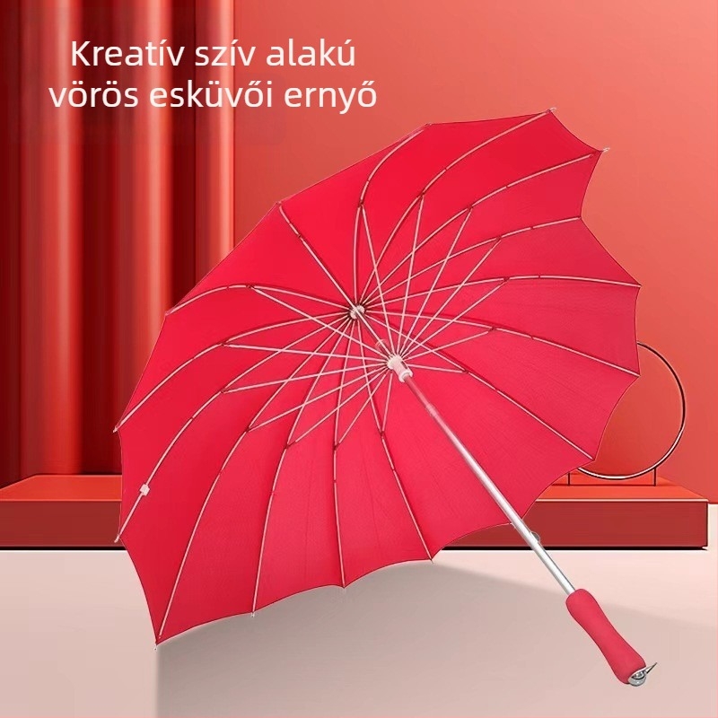 Szív alakú esernyő, alumíniumötvözetes tengely, 16 rostos merevítő, EVA fogantyú, manuális nyitás-zárás, egyedi logó