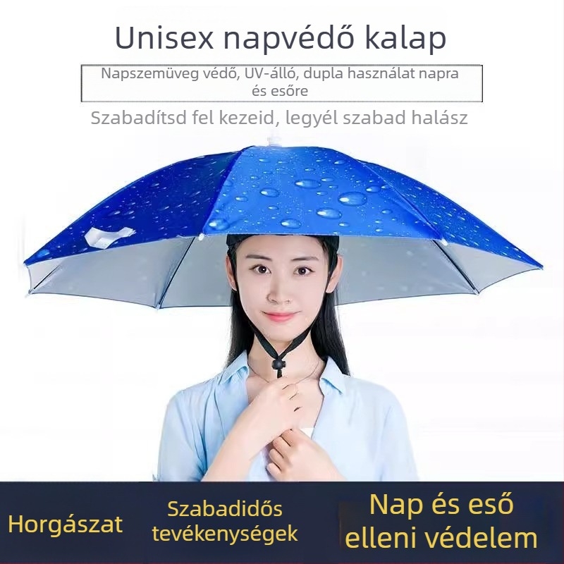 Fejre szerelhető esernyő kalap 8 küllős vasváz, poliészter 170T anyag, műanyag rúd és fogantyú, manuális nyitás-zárás, kültéri tevékenységekhez (horgászat, fotózás)