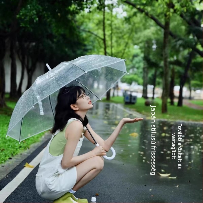 Hosszú fogantyújú esernyő vas bordákkal és tengellyel, műanyag kupolával, manuális nyitás, félautomata zárás, logó nyomtatásának lehetősége