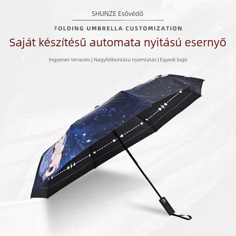 Testreszabott nyomtatott esernyő automatikus nyitás, félautomata zárás, 8 bordás váz, vas szár, 190T anyag
