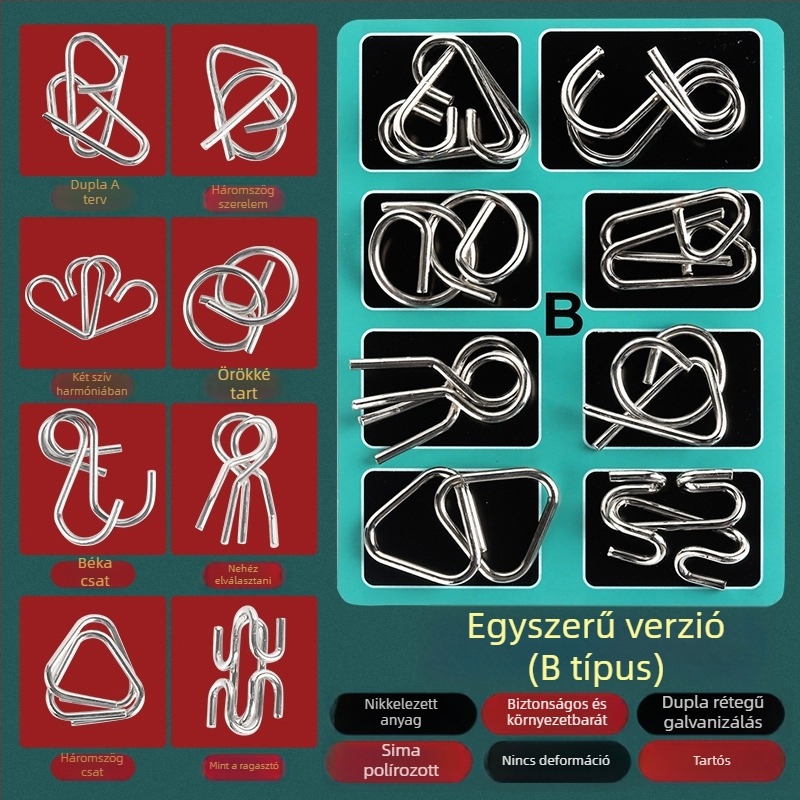 8 részes vasgyűrűs logikai puzzle a kognitív képességek fejlesztéséhez