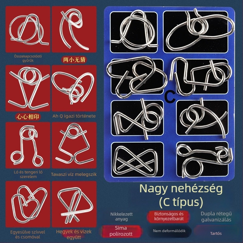 8 részes vasgyűrűs logikai puzzle a kognitív képességek fejlesztéséhez