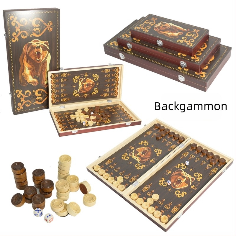 Fából készült backgammon és sakk tábla – hordozható, összecsukható, három az egyben, New Leaf, 14+