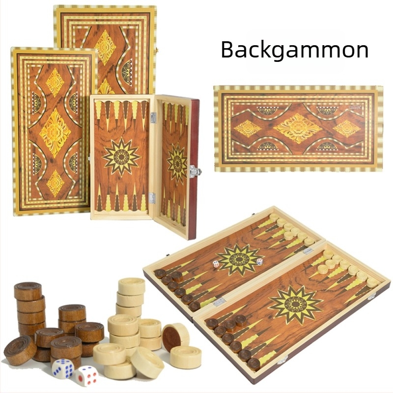 Fából készült backgammon és sakk tábla – hordozható, összecsukható, három az egyben, New Leaf, 14+