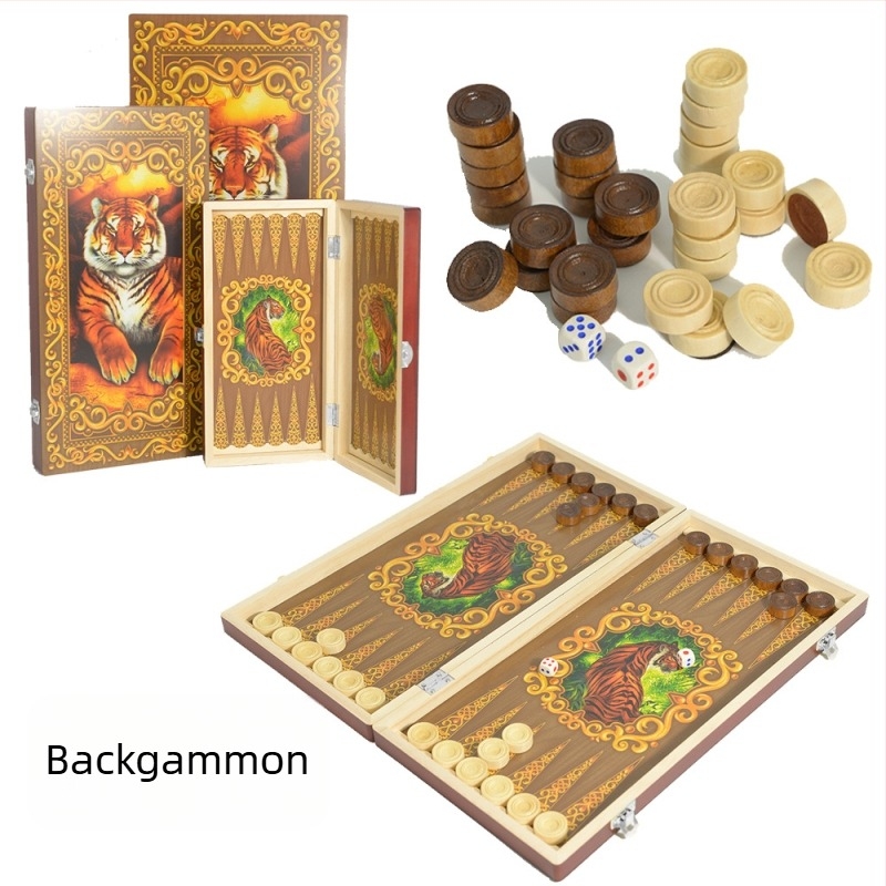 Fából készült backgammon és sakk tábla – hordozható, összecsukható, három az egyben, New Leaf, 14+