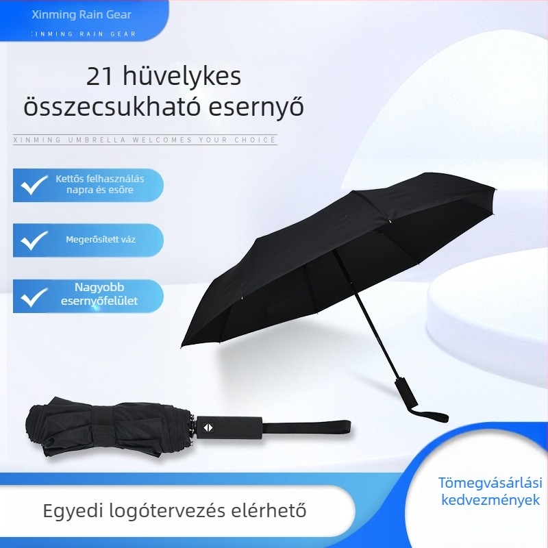 Fekete 21 hüvelykes összecsukható esernyő 8 bordával, kettős használat esőre és napra, logóval ellátott, hordozható, nyitás teljesen automata, zárás félautomata