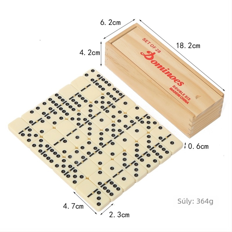 Fából készült domino, kártya és sakk készlet dobozban, 14+.