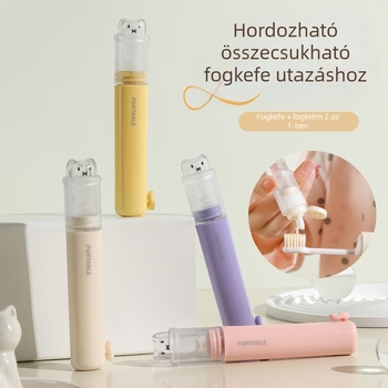 Kia Két az egyben utazó összecsukható fogkefével a pastátárolóval, műanyag, puha sörtéjű, mintázat: aranyos, stílus: rajzfilm