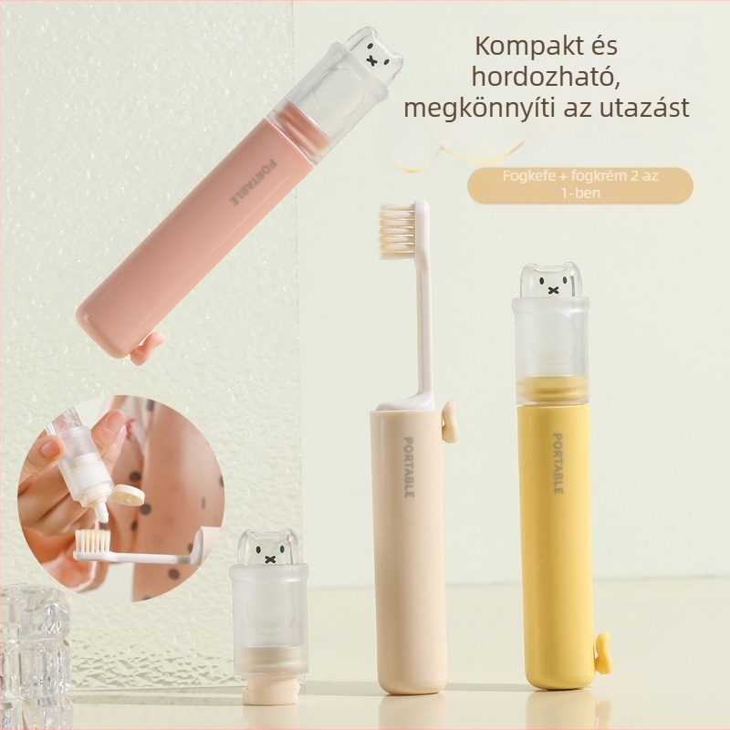 Kia Két az egyben utazó összecsukható fogkefével a pastátárolóval, műanyag, puha sörtéjű, mintázat: aranyos, stílus: rajzfilm