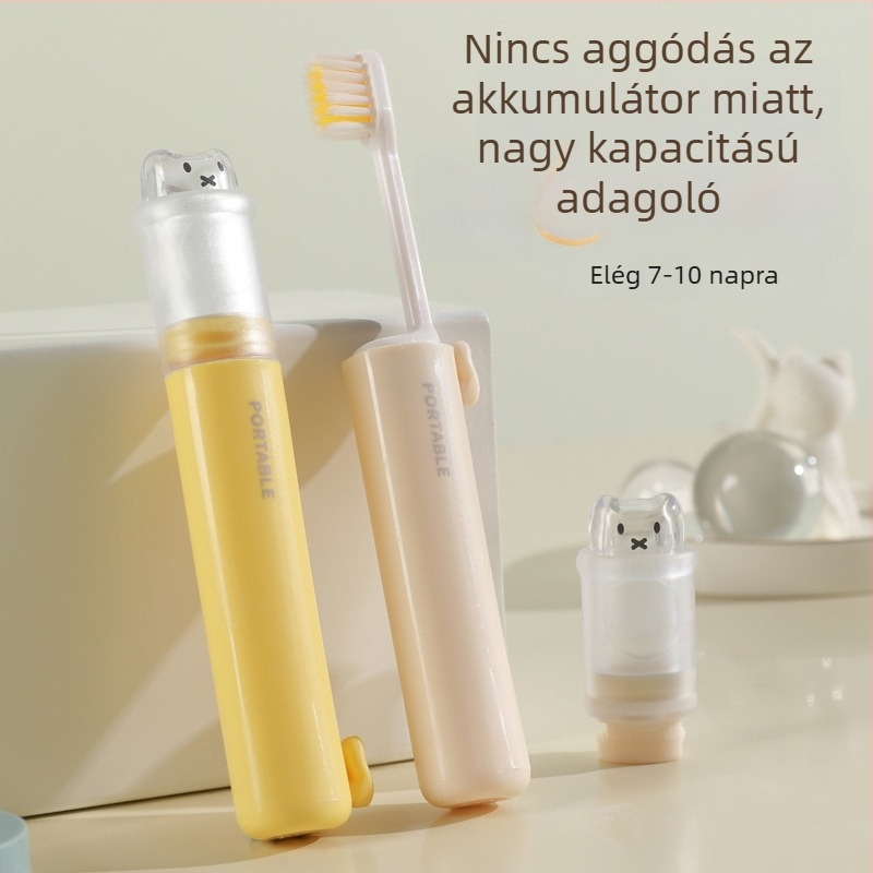 Kia Két az egyben utazó összecsukható fogkefével a pastátárolóval, műanyag, puha sörtéjű, mintázat: aranyos, stílus: rajzfilm