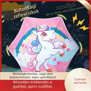 Gyerekeknek szóló, kerekded sarkú esernyő karikatúrás mintával, vinil borítás, 190T anyag, 6 merevítő, reflektív sáv, kézi nyitás