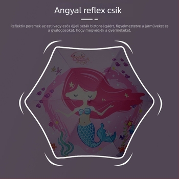 Gyerekeknek szóló, kerekded sarkú esernyő karikatúrás mintával, vinil borítás, 190T anyag, 6 merevítő, reflektív sáv, kézi nyitás