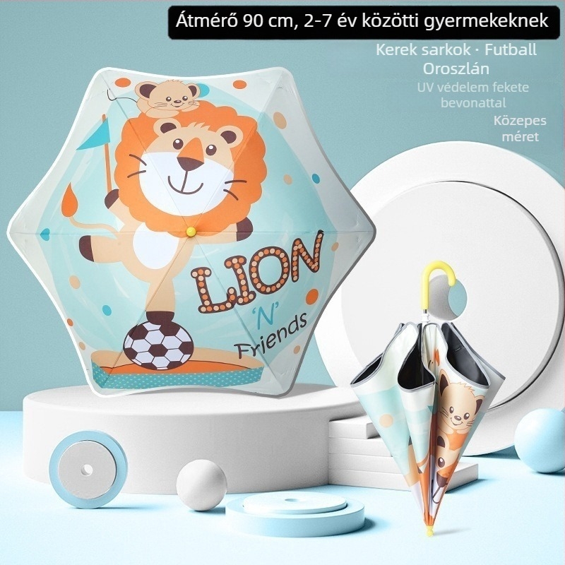 Gyerekeknek szóló, kerekded sarkú esernyő karikatúrás mintával, vinil borítás, 190T anyag, 6 merevítő, reflektív sáv, kézi nyitás