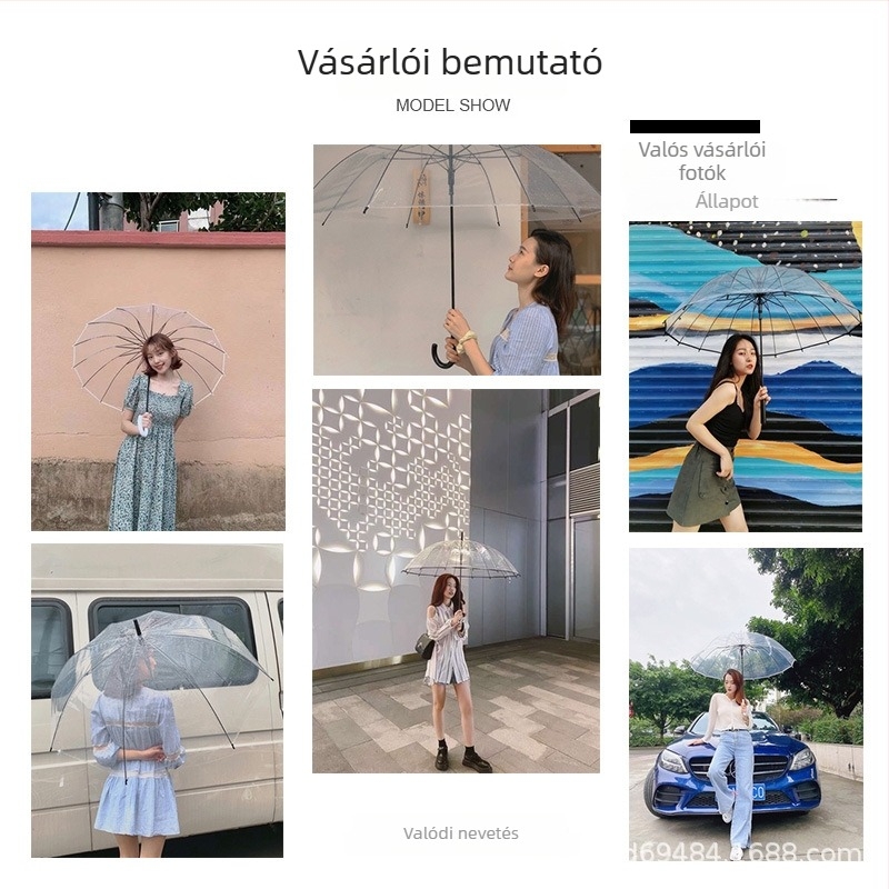 Reklám esernyő, átlátszó PVC vászon, 8 bordás vázzal, ívelt nyél, acél váz, fél-automata nyitás