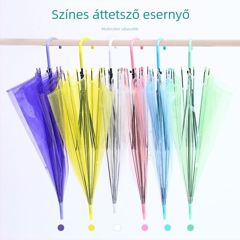 Reklám esernyő, átlátszó PVC vászon, 8 bordás vázzal, ívelt nyél, acél váz, fél-automata nyitás