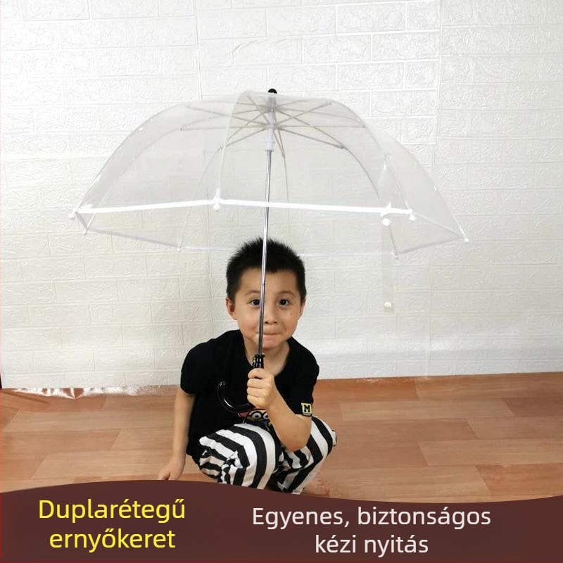 Átlátszó gyerekeknek szánt esernyő, műanyag borítású, műanyag váz és fogantyú, kézi nyitás-zárás
