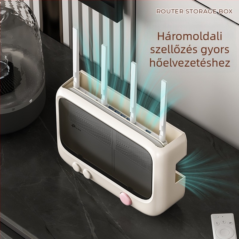 Router tároló doboz, falra szerelhető, fúrás nélkül, ABS anyag, 1 rekesz, 1 réteg, modem/Set-Top Box számára