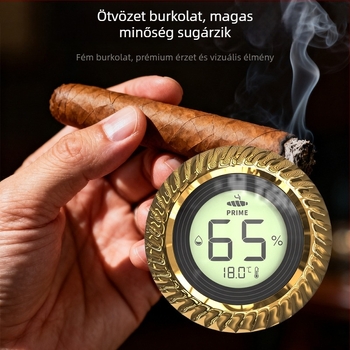 Digitális szivarhigrométer hőmérséklet és páratartalom mérésére: hőmérséklet tartomány 0–60°C, páratartalom tartomány 1–99% RH, hőmérséklet felbontás 0.1°C, páratartalom felbontás 1%