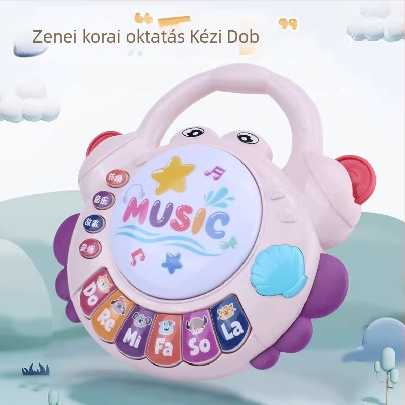 Babajáték: rákalakú kéz-dob, zenés történet, elektronikus billentyűzet 0–3 éveseknek (műanyag kivitel; érzelmi és látási fejlesztés; korai nevelés)